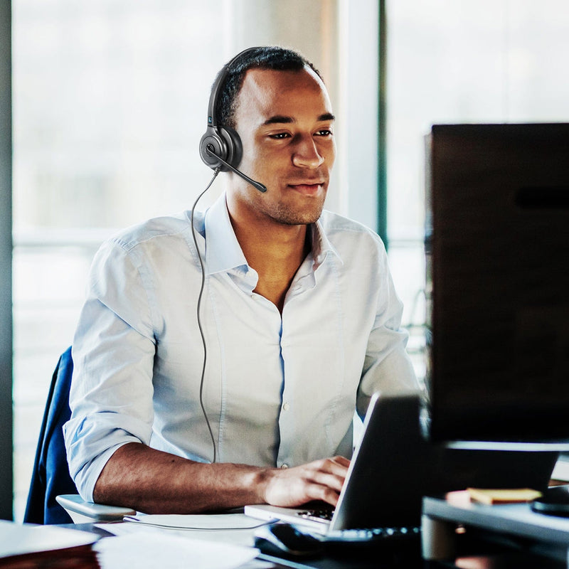 Man working with a Leitner Wired LH240XL headset
